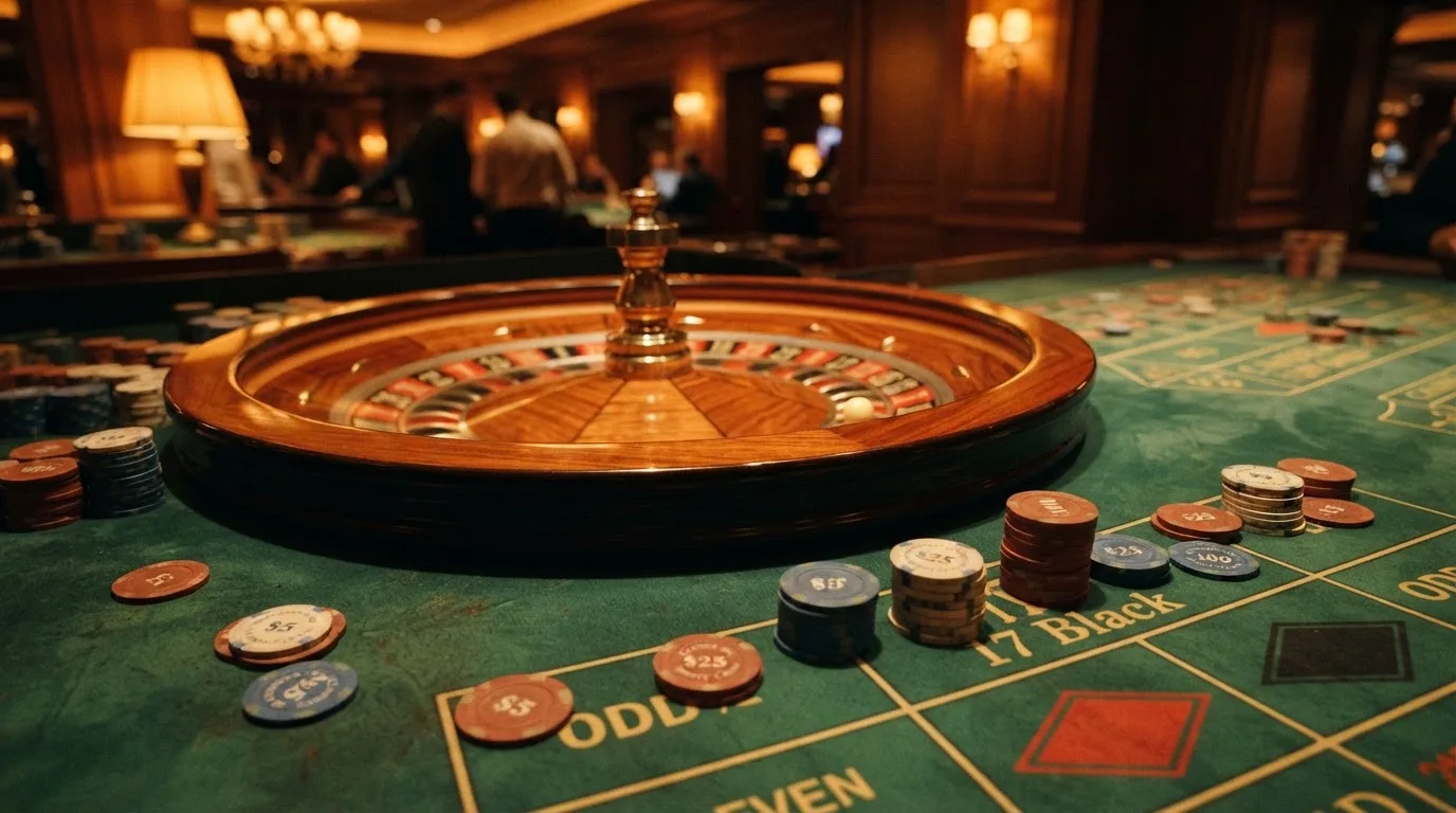 Roulettehjul och spelmarker på grön filt i varmt kvällsljus — 10 euro casino i sverige