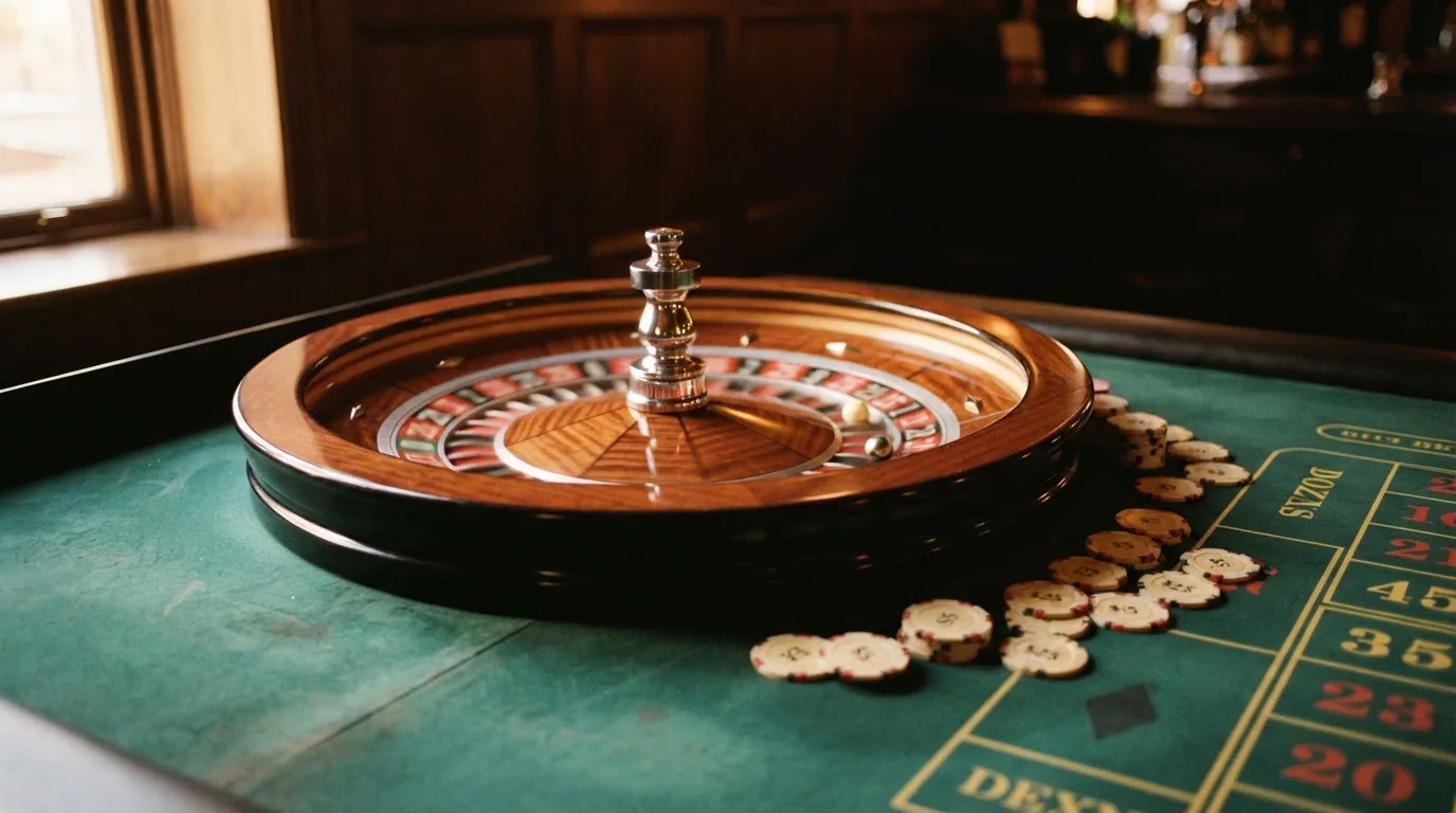 Roulettehjul och spelmarker på grön filt i varmt kvällsljus — 10 free spins casino i sverige