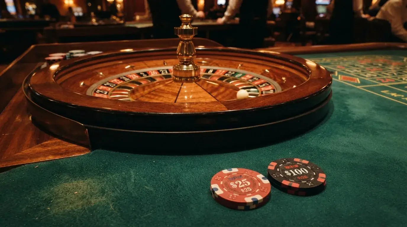 Roulettehjul och spelmarker på grön filt i varmt kvällsljus — 10 kr casino i sverige