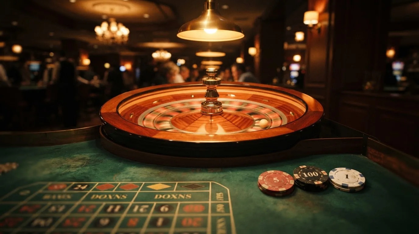 Roulettehjul och spelmarker på grön filt i varmt kvällsljus — 100 euro casino i sverige