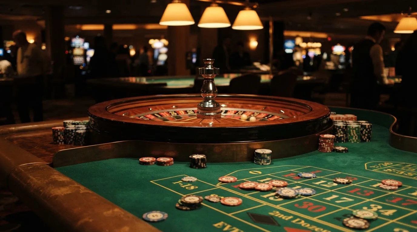 Roulettehjul och spelmarker på grön filt i varmt kvällsljus — 100 free spins casino i sverige