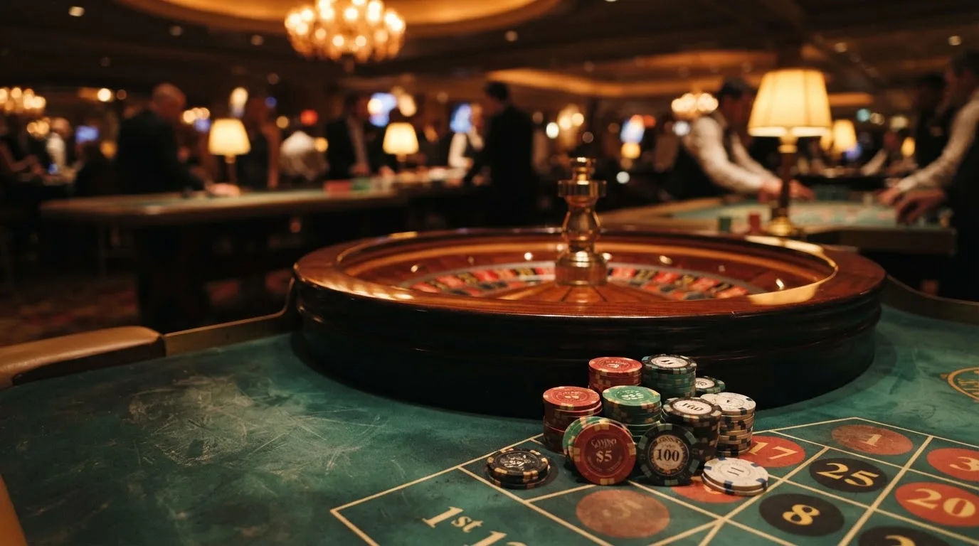 Roulettehjul och spelmarker på grön filt i varmt kvällsljus — 150 free spins casino i sverige