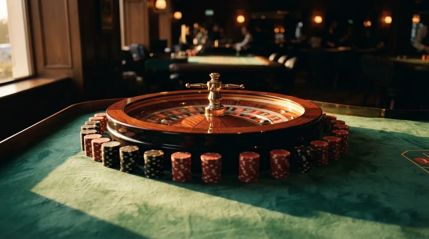 Roulettehjul och spelmarker på grön filt i varmt kvällsljus — bästa blackjack i sverige