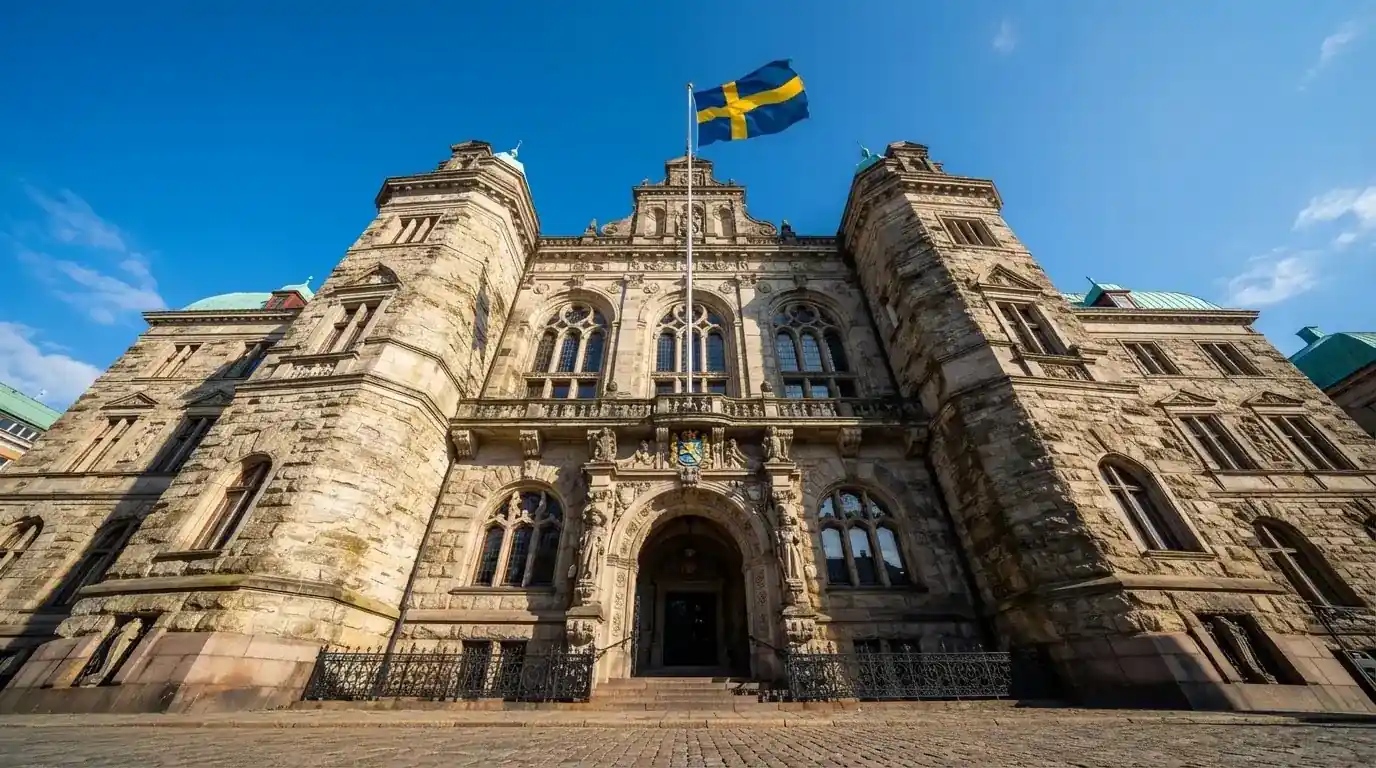 Ett gammalt stadshus i sten fotograferat underifrån mot en klarblå himmel, med den svenska flaggan som fladdrar ovanför entrén.