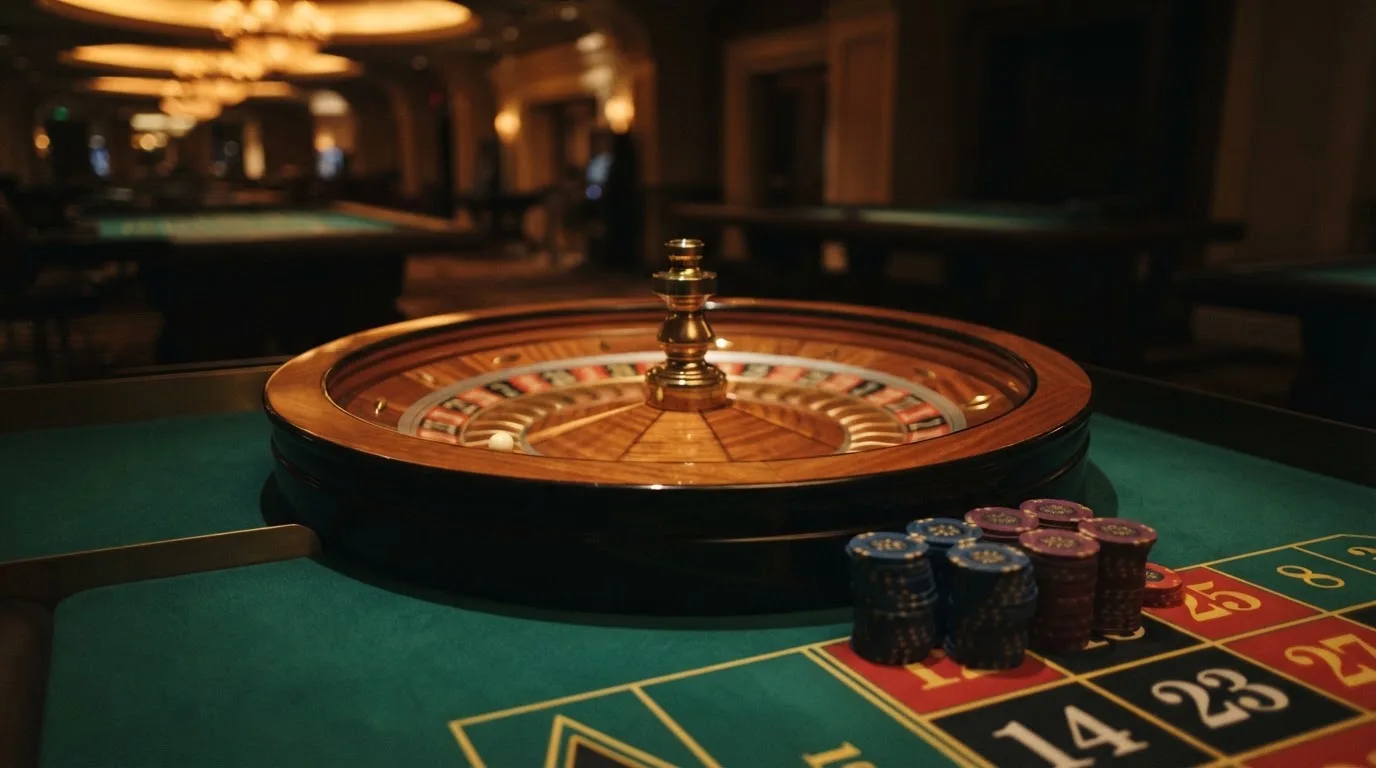 Roulettehjul och spelmarker på grön filt i varmt kvällsljus — blackjack gratis i sverige