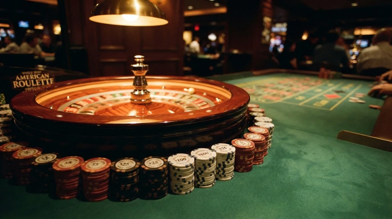 Roulettehjul och spelmarker på grön filt i varmt kvällsljus — blackjack med live dealer i sverige