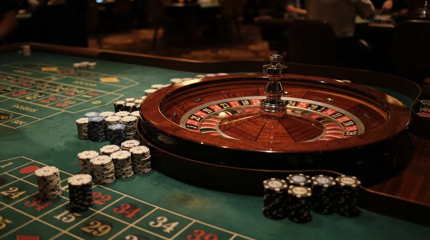 Roulettehjul och spelmarker på grön filt i varmt kvällsljus — blackjack på nätet i sverige
