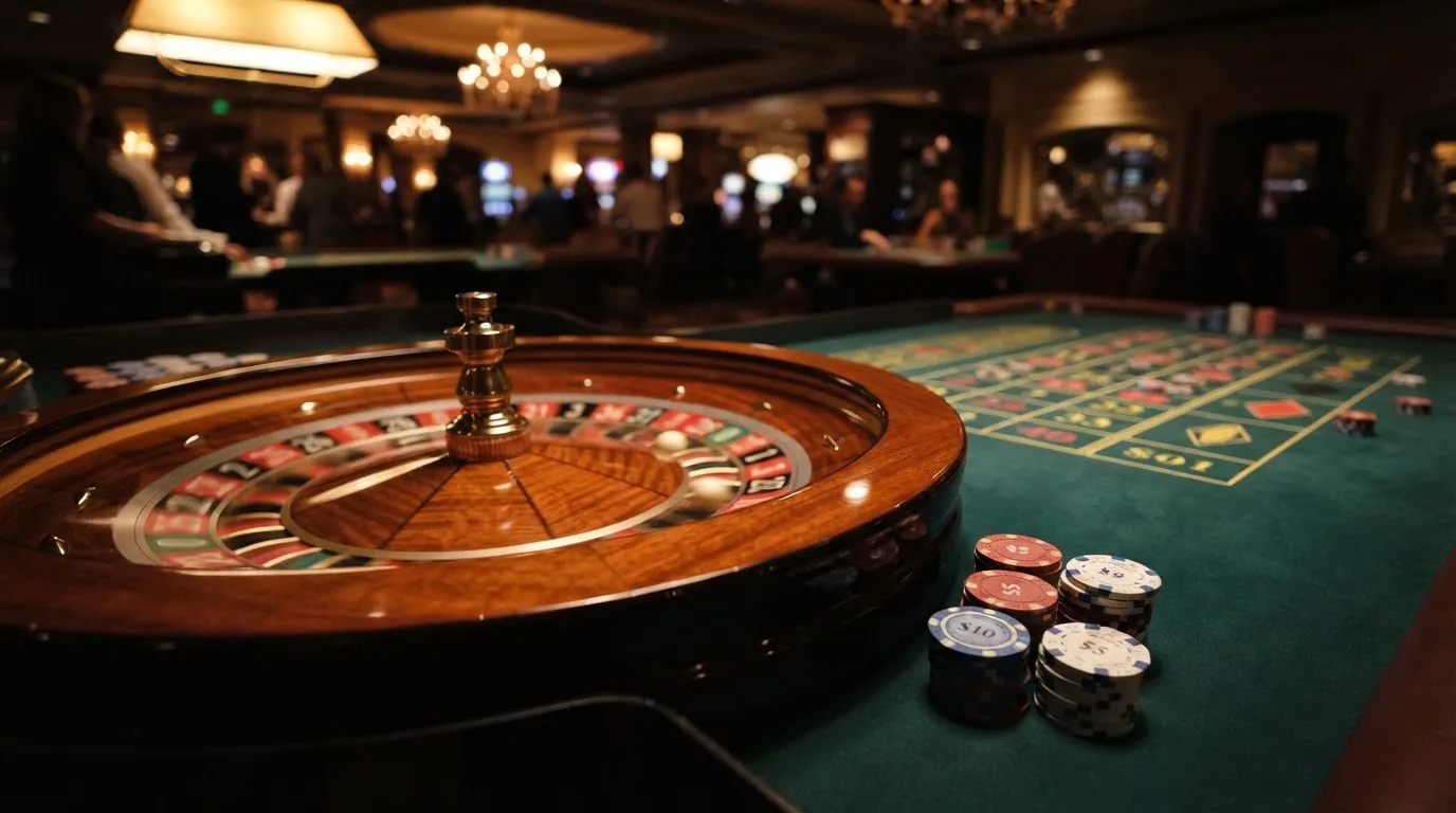 Roulettehjul och spelmarker på grön filt i varmt kvällsljus — bra svenska casinon