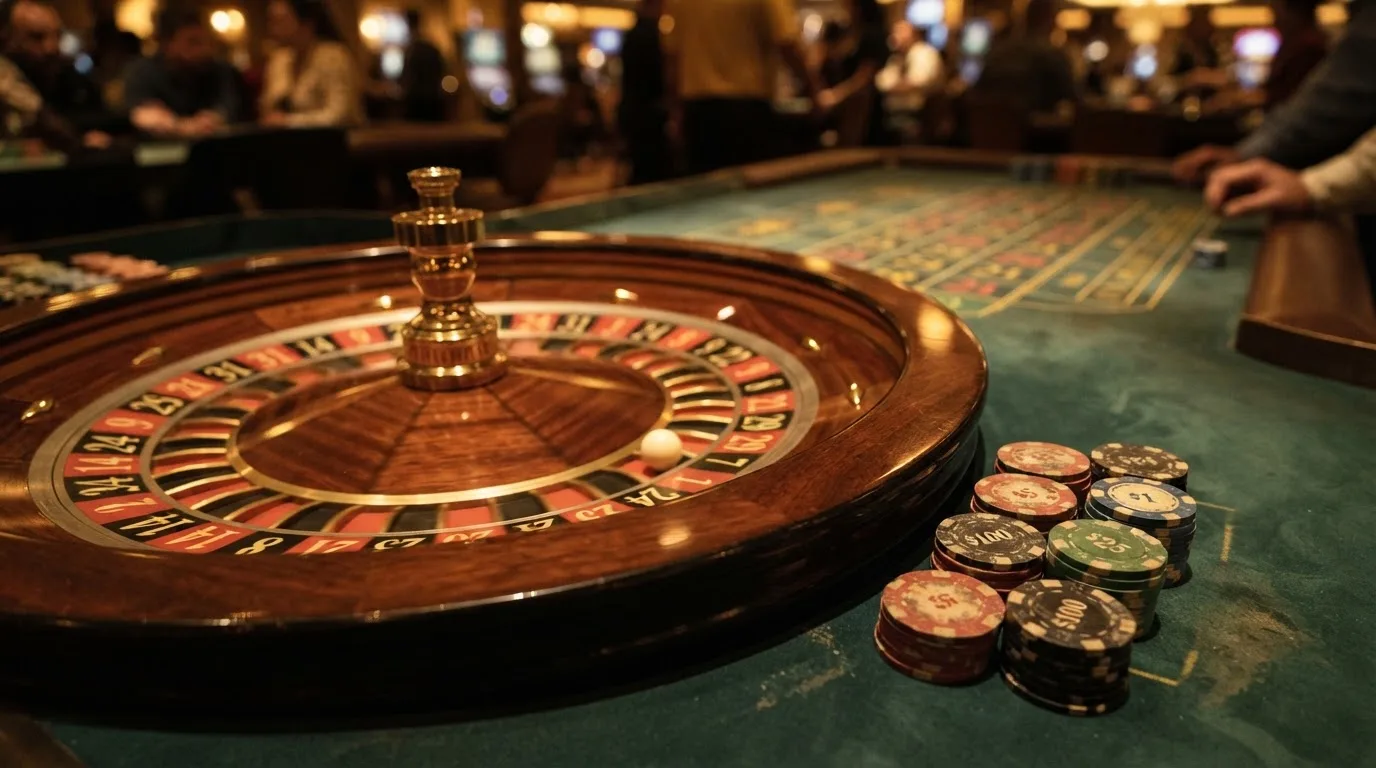Roulettehjul och spelmarker på grön filt i varmt kvällsljus — casino regler för svenskar