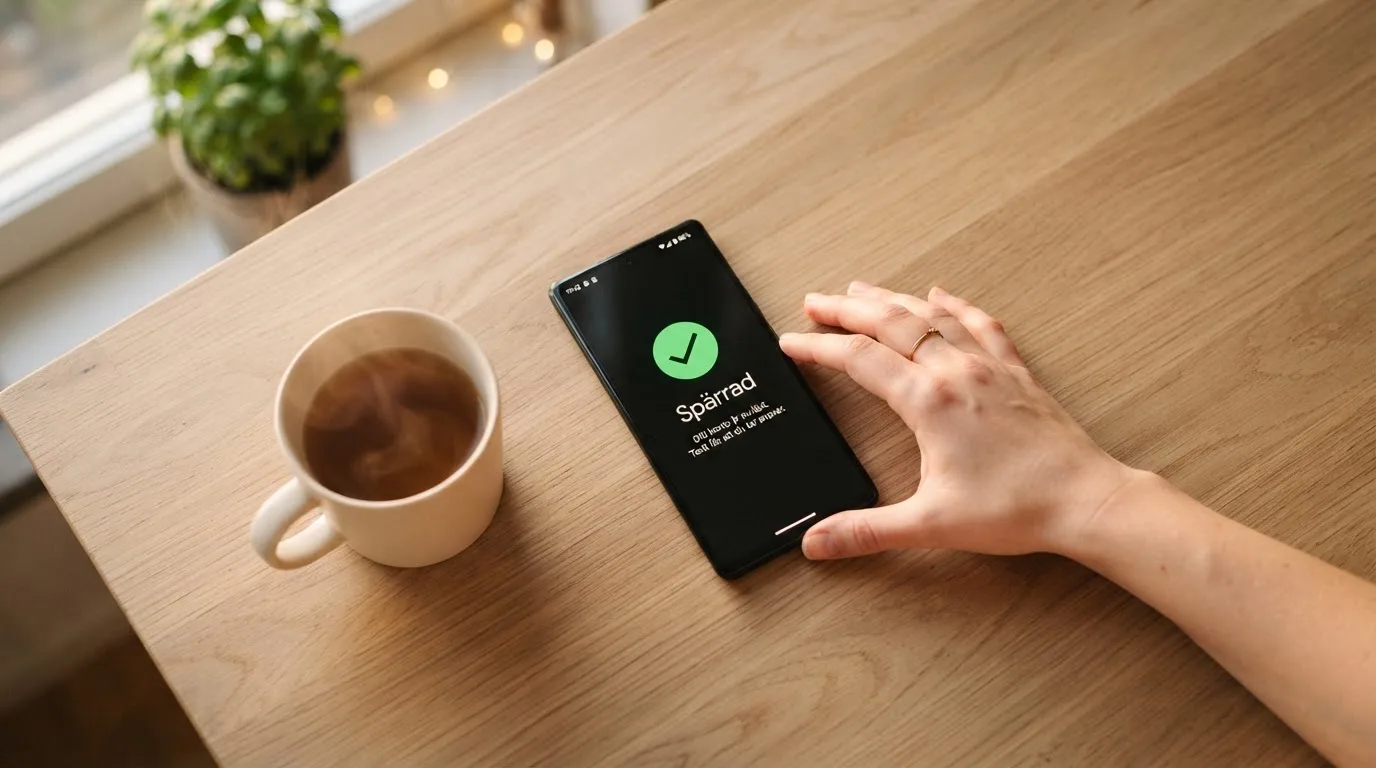 Hand håller en mobiltelefon bredvid en kopp te vid ett köksbord en lugn kväll — casino regler för svenskar