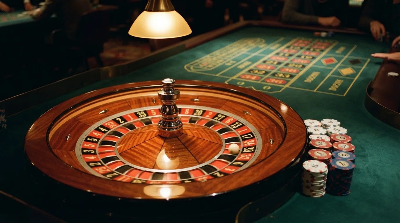 Roulettehjul och spelmarker på grön filt i varmt kvällsljus — casinon med bankid i sverige