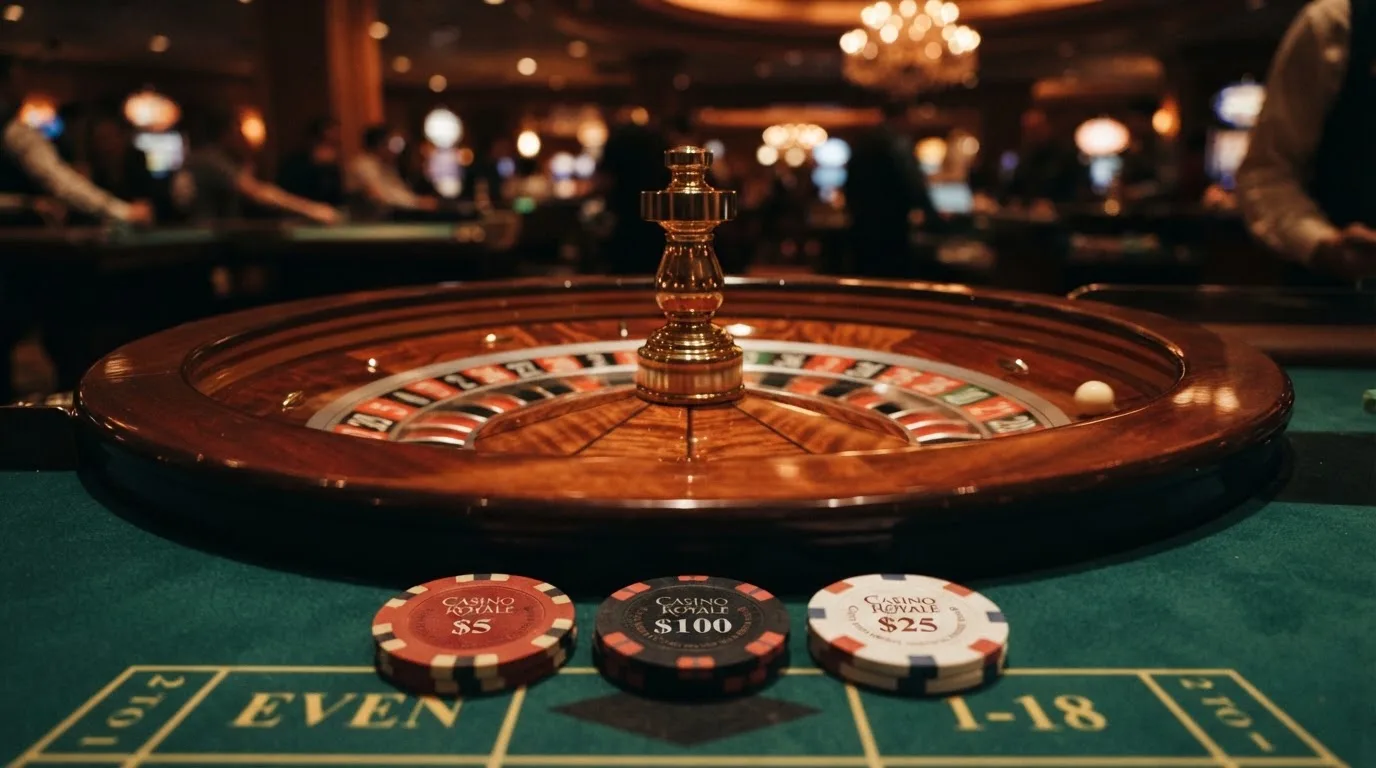 Roulettehjul och spelmarker på grön filt i varmt kvällsljus — casinon med curaçao licens