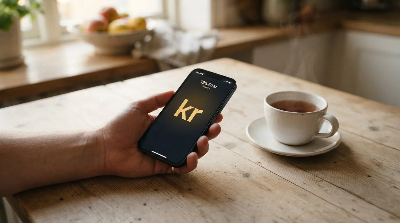 Hand håller en mobiltelefon bredvid en kopp te vid ett köksbord en lugn kväll — casinon med curaçao licens