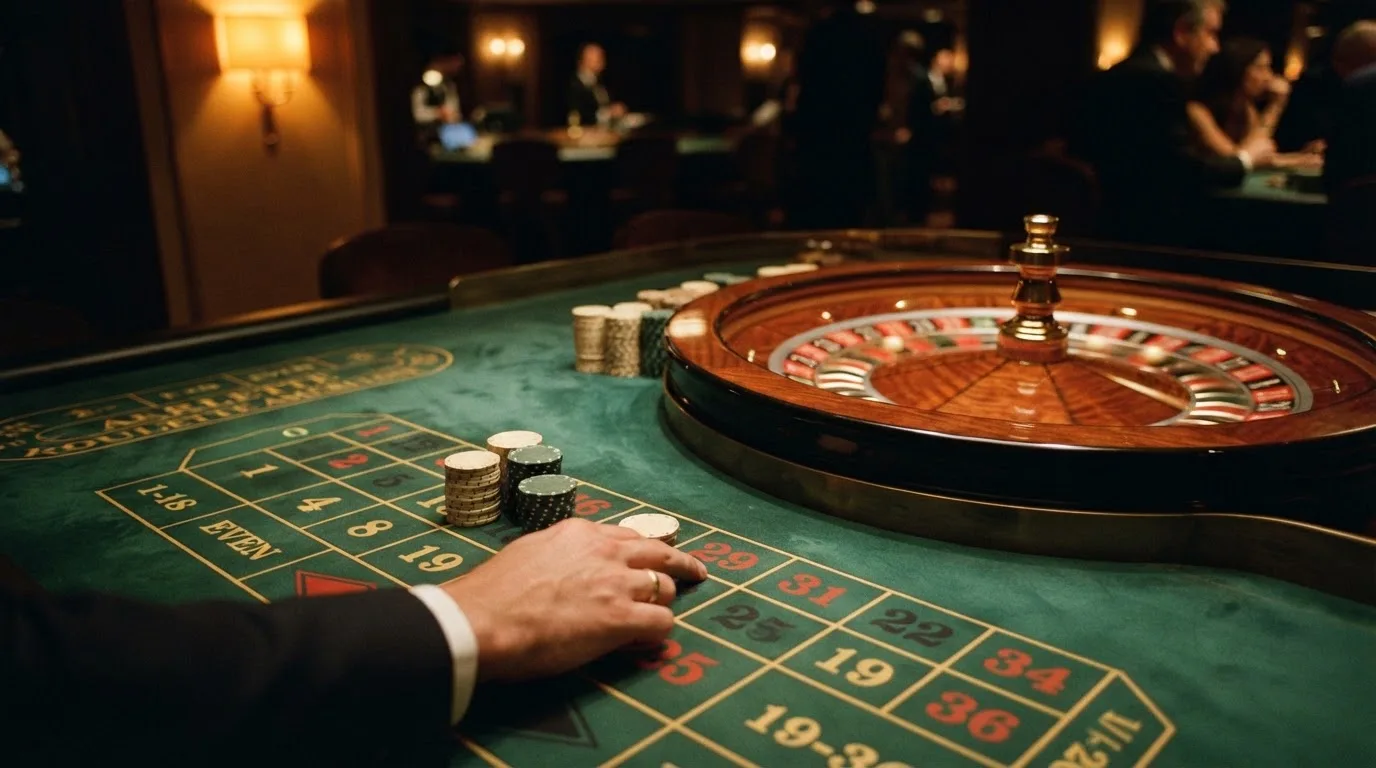 Roulettehjul och spelmarker på grön filt i varmt kvällsljus — casinon med jackpot i sverige