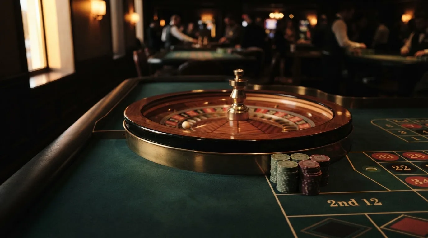 Roulettehjul och spelmarker på grön filt i varmt kvällsljus — casinon med slots i sverige