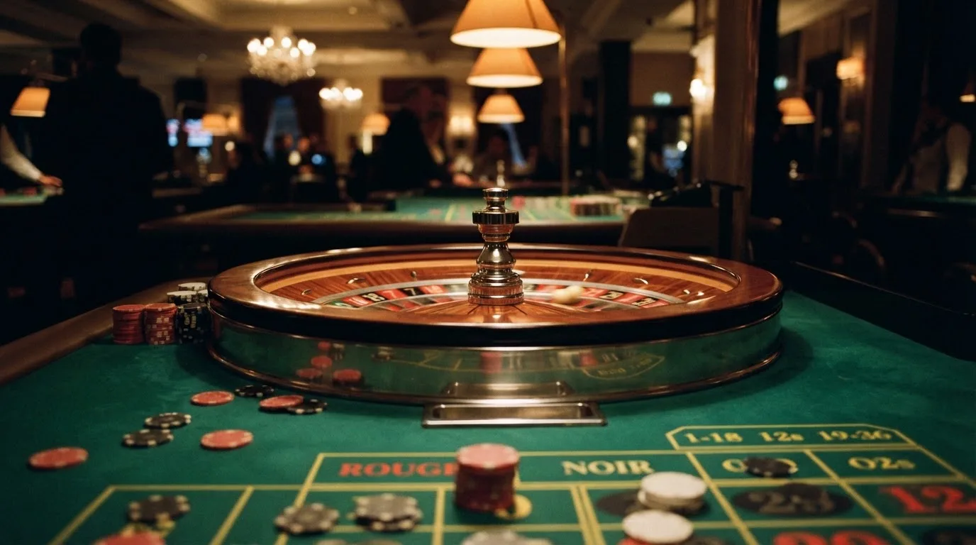 Roulettehjul och spelmarker på grön filt i varmt kvällsljus — casinon med uttag i sverige