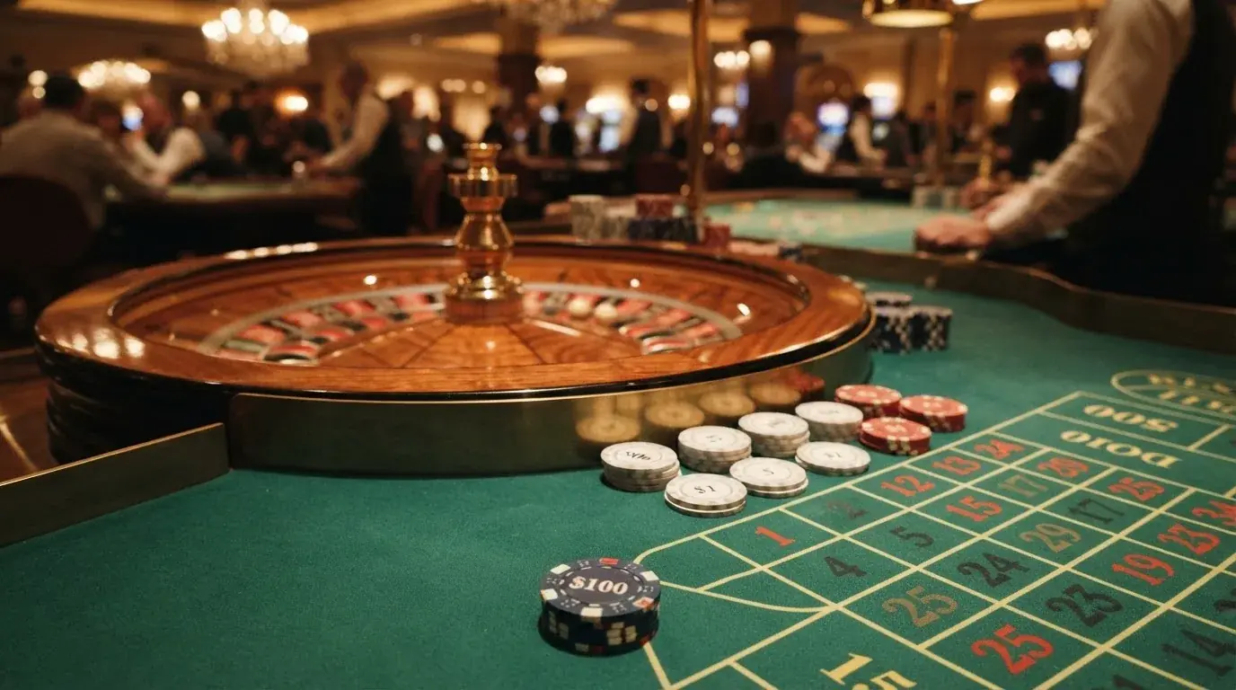 Roulettehjul och spelmarker på grön filt i varmt kvällsljus — casinon utan bankid i sverige