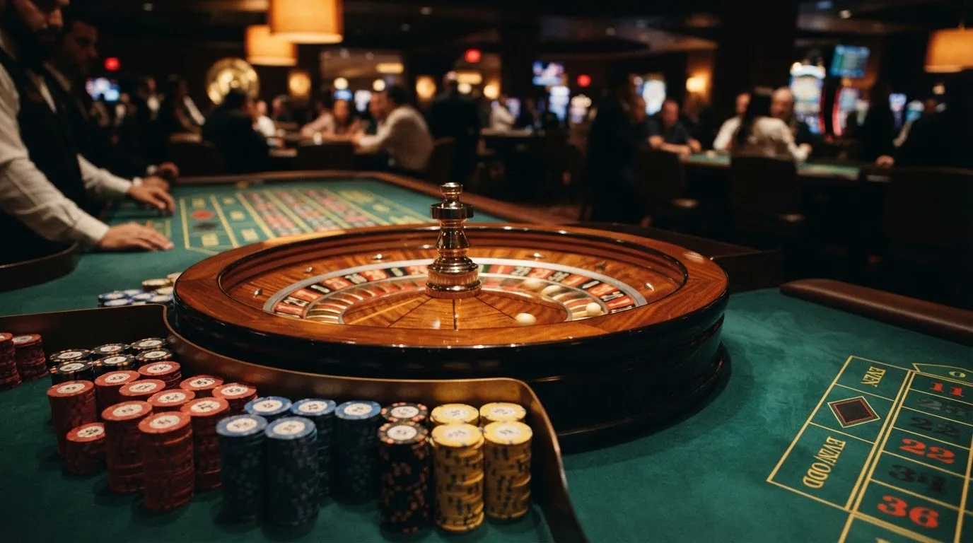 Roulettehjul och spelmarker på grön filt i varmt kvällsljus — casinon utan spelgräns i sverige
