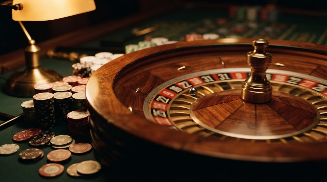 Roulettehjul och spelmarker på grön filt i varmt kvällsljus — lightning roulette i sverige