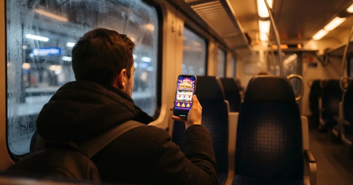 Mobiltelefon i handen på en pendeltåg i Stockholm en vinterkväll — mobil kasino i sverige