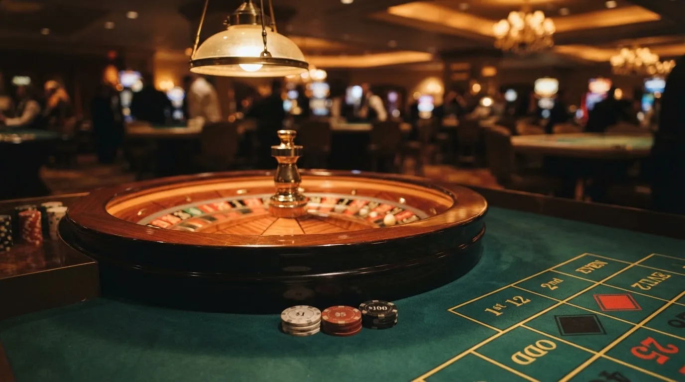 Roulettehjul och spelmarker på grön filt i varmt kvällsljus — svenska casinon med bitcoin