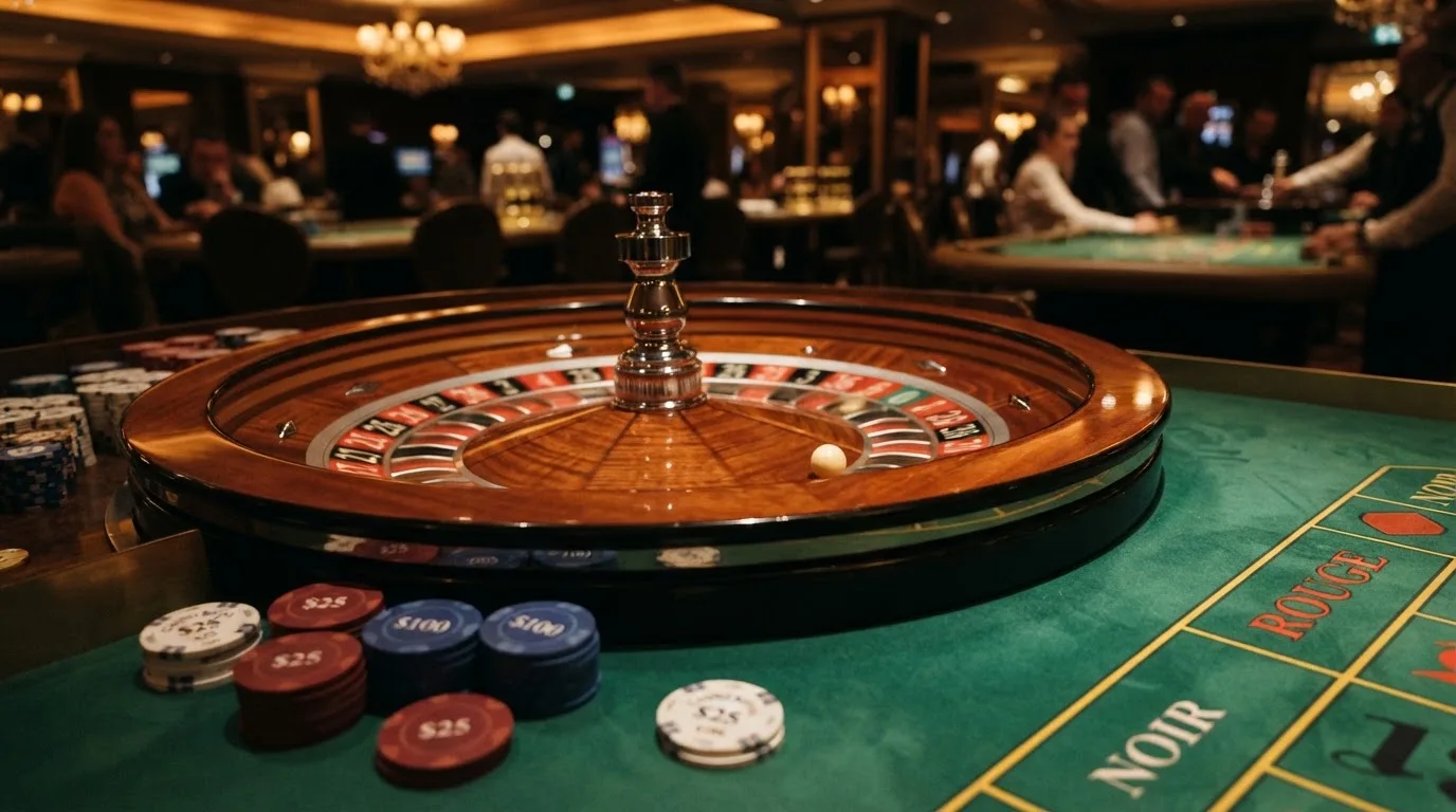 Roulettehjul och spelmarker på grön filt i varmt kvällsljus — svenska casinon med dogecoin