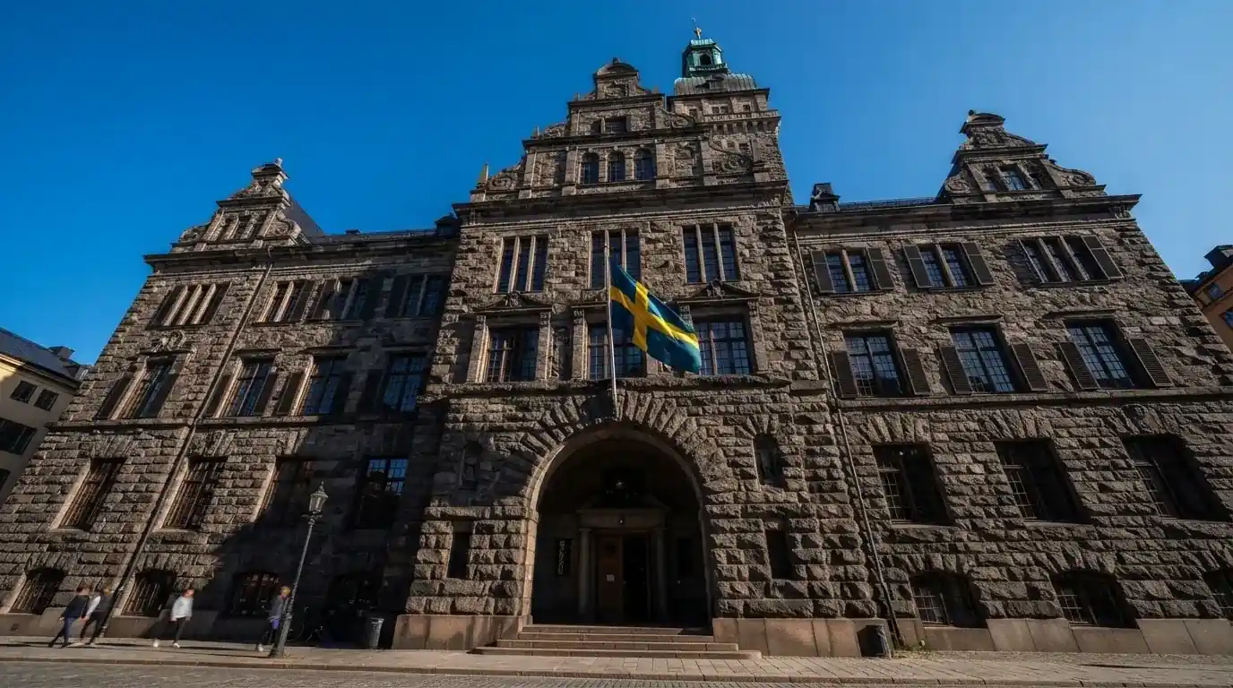 Ett gammalt stadshus i sten fotograferat underifrån mot en klarblå himmel, med den svenska flaggan som fladdrar ovanför entrén.