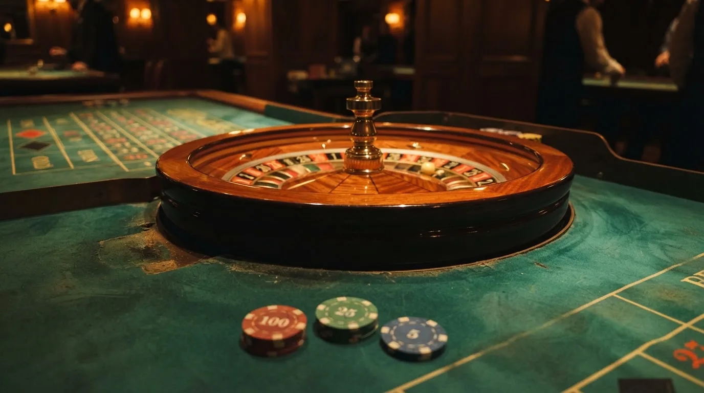 Roulettehjul och spelmarker på grön filt i varmt kvällsljus — svenska casinon på android